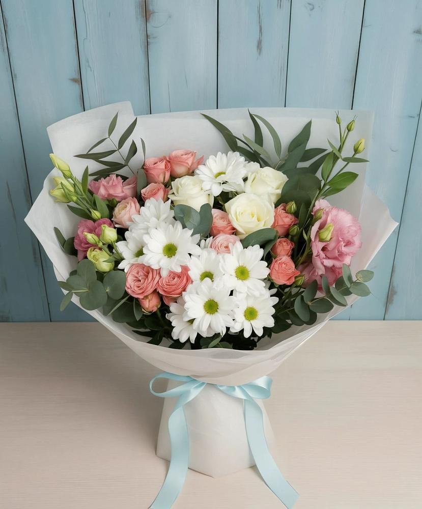 Букет цветов из: Розы, Лизиантусы и Хризантемы в Федотово